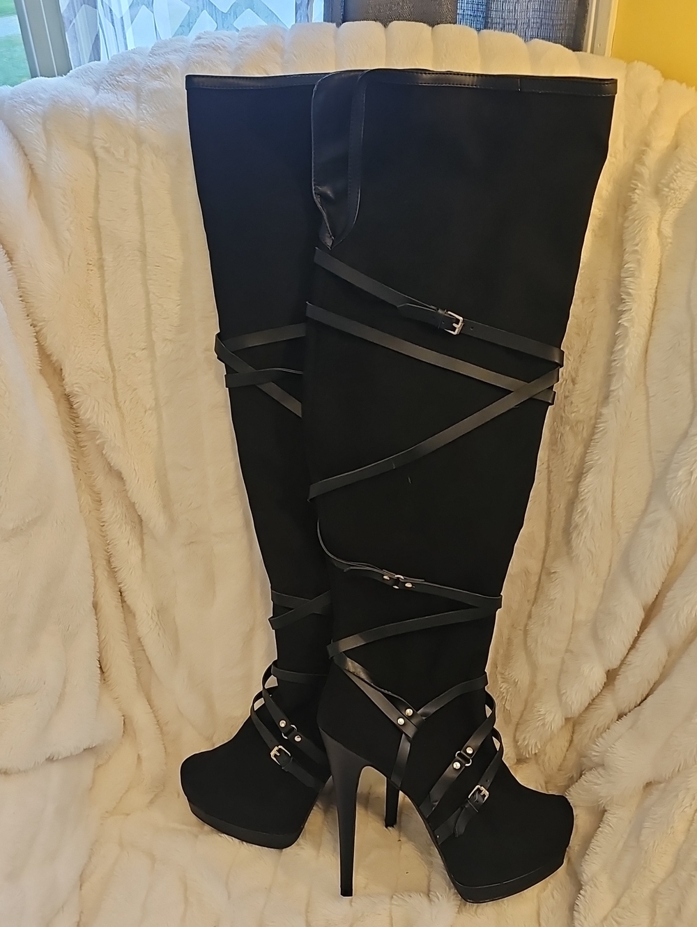 Luxe Black Over-the-Knee Strappy Stiletto Boots